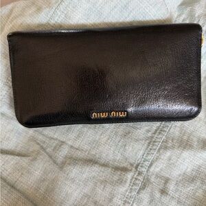 Miu Miu Black Leather Zip-Around Wallet with Gold Zipper Logo Hardware